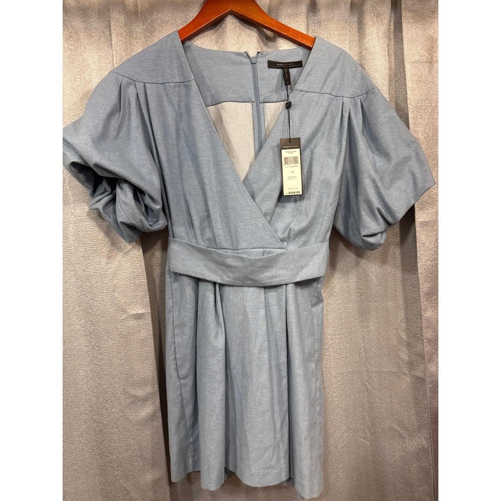BCBGMAXAZRIA Chambray Puff Sleeve Wrap Romper Blue FIU9242180-485 Womens M NWT